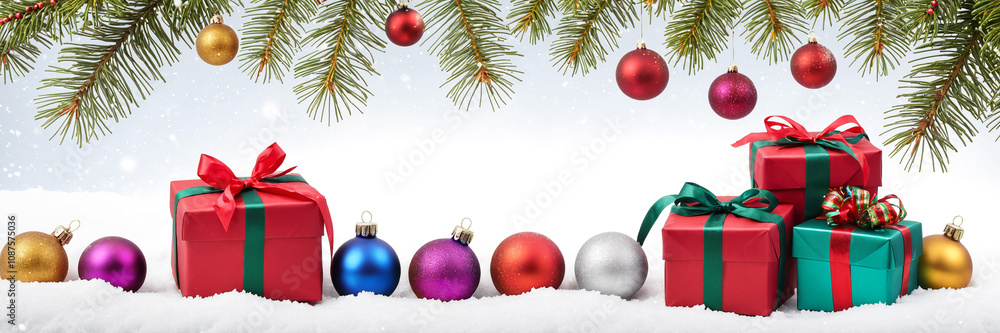 Gift boxes on a snow under Christmas tree Gift boxes on a snow under Christmas tree