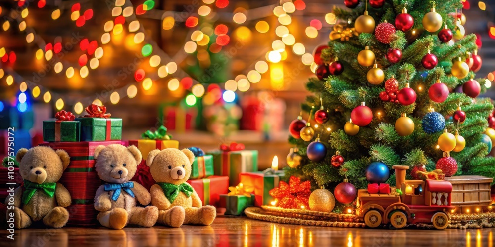Naklejka premium A festive Christmas scene with a beautifully decorated tree, twinkling lights, and presents surrounded by cuddly teddy bears.