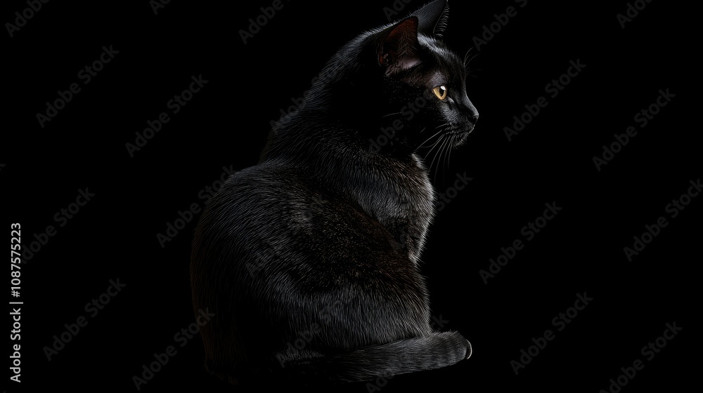 Black cat in profile, sitting calmly on a black background, eyes reflecting a faint light. Sleek fur merges almost entirely with the darkness. Black cat in profile, sitting calmly on a black background, eyes reflecting a faint light. Sleek fur merges almost entirely with the darkness.