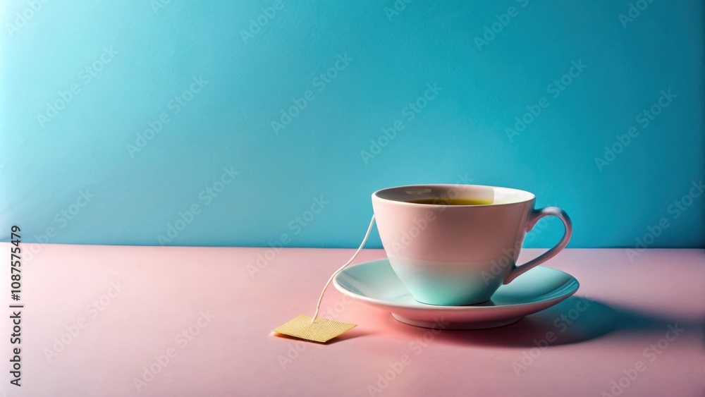 A single teacup with a teabag on a pink surface in front of a blue wall A single teacup with a teabag on a pink surface in front of a blue wall
