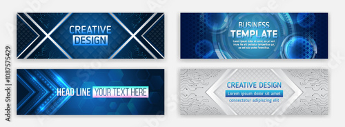Modern banner design with technology element. Data protection, internet communication, science, big data, cover design set. Sci-fi vector sample concept. High-tech horizontal banner template.