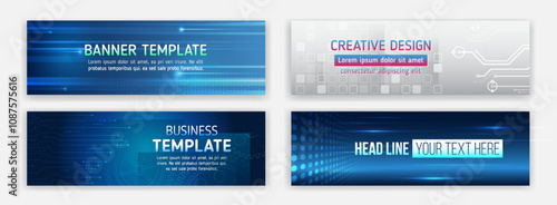 High-tech horizontal banner template. Modern banner design with technology element. Data protection, internet communication, science, big data, cover design set. Sci-fi vector sample concept.