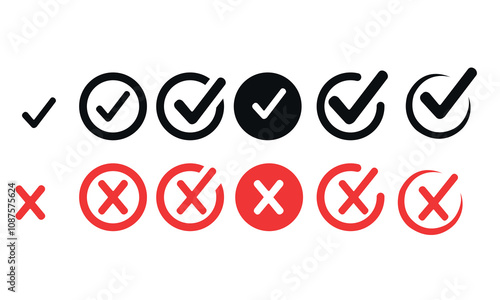 Check box icon with right and wrong buttons and yes or no checkmark icons in green tick box and red cross. Isolated checkmark. Check mark icon button