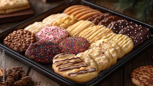 Assorted cookies displayed on a tray with various toppings and designs