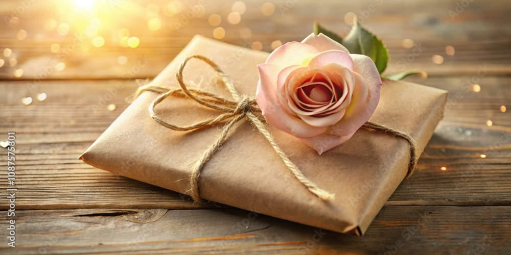 A simple brown gift package tied with twine adorned with a delicate pink rose resting on a rustic wooden surface bathed in soft sunlight. A simple brown gift package tied with twine adorned with a delicate pink rose resting on a rustic wooden surface bathed in soft sunlight.