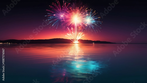 Spectacular Fireworks Over Beach with Reflections on Water. photo