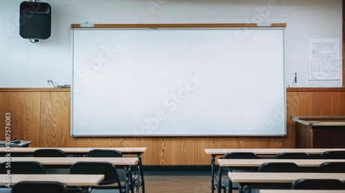 Empty classroom with white board and desks ready for students.