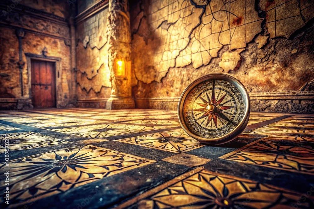 Fototapeta premium Surreal Compass Design on an Old Wall Floor, Inviting Exploration and Adventure Through Time in a Dreamlike Setting with Unique Textures and Colors