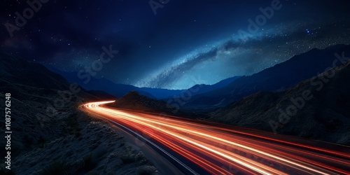 Car light trails weave through the mountains under a starry night sky, creating a mesmerizing scene of car light trails along the highway, with noise resulting from shooting conditions.
