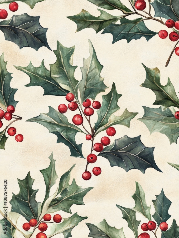 Festive Holly Berries and Leaves Pattern - Watercolor holly leaves and red berries, Christmas, winter, nature, botanical. Perfect for festive designs. Festive Holly Berries and Leaves Pattern - Watercolor holly leaves and red berries, Christmas, winter, nature, botanical. Perfect for festive designs.