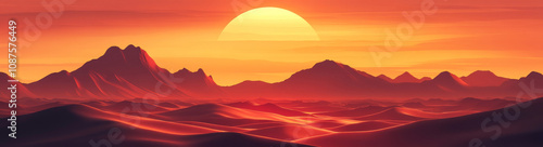 Fiery Desert Sunset Over Undulating Mountains - Dramatic sunset over a desert landscape, featuring majestic mountains, vibrant colors, serene atmosphere, vastness, and warmth.