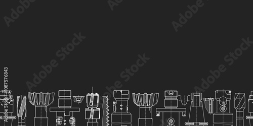 Mechanical engineering drawings on black background. Tap tools, borer. Technical Design. Cover. Blueprint. Seamless pattern. Vector illustration.