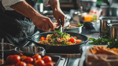 Fresh Pasta Preparation: A Culinary Masterpiece - Delicious pasta dish, fresh ingredients, herbs, chef cooking, culinary art. A vibrant and appetizing image.