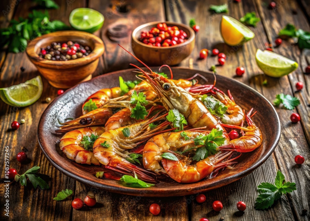 Delicious Plate of Tiger Shrimp Prawns with Fresh Herbs and Spices for Culinary Delight Delicious Plate of Tiger Shrimp Prawns with Fresh Herbs and Spices for Culinary Delight