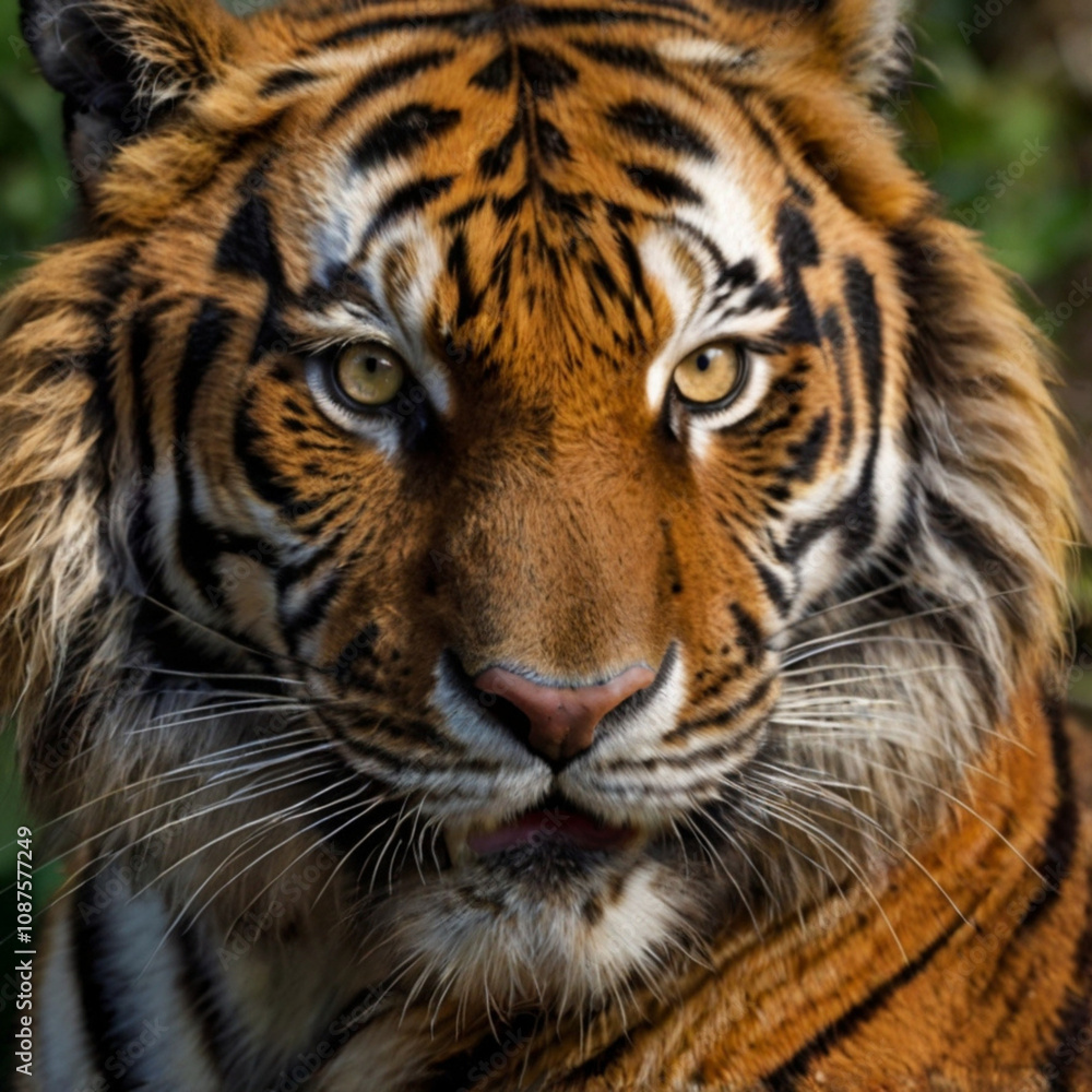 The powerful tiger stares intently at the viewer, showcasing its vivid orange fur and bold black stripes while surrounded by lush greenery at dusk. Generative AI The powerful tiger stares intently at the viewer, showcasing its vivid orange fur and bold black stripes while surrounded by lush greenery at dusk. Generative AI