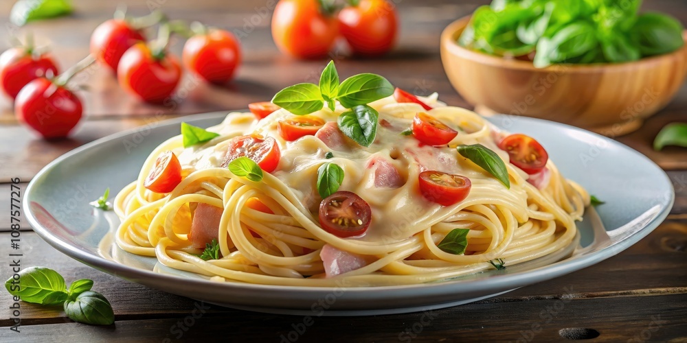 Delicious Spaghetti Carbonara with Ripe Tomatoes and Fresh Basil – High Depth of Field Delicious Spaghetti Carbonara with Ripe Tomatoes and Fresh Basil – High Depth of Field