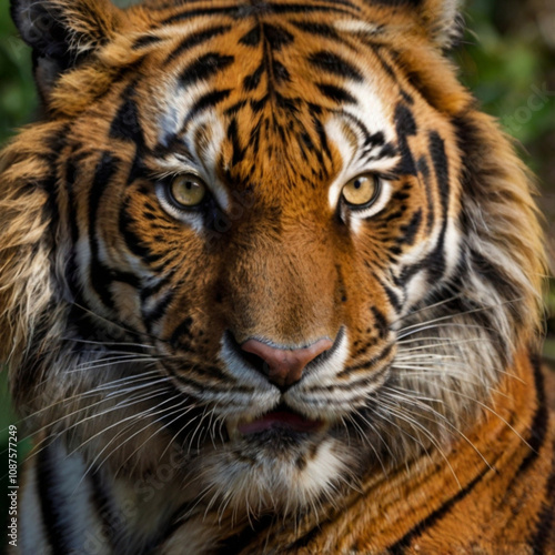 The powerful tiger stares intently at the viewer, showcasing its vivid orange fur and bold black stripes while surrounded by lush greenery at dusk. Generative AI