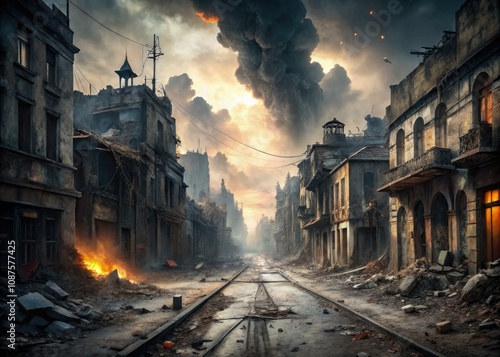 Desolate Burned City Street: A Haunting Portrait of Abandonment and Destruction