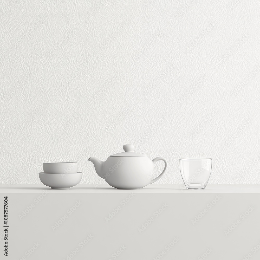 A minimalist arrangement of a teapot, bowls, and a glass on a simple surface. A minimalist arrangement of a teapot, bowls, and a glass on a simple surface.