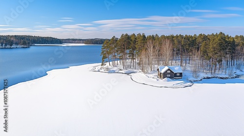 Tranquil winter cabin by frozen lake amidst snow-covered forest