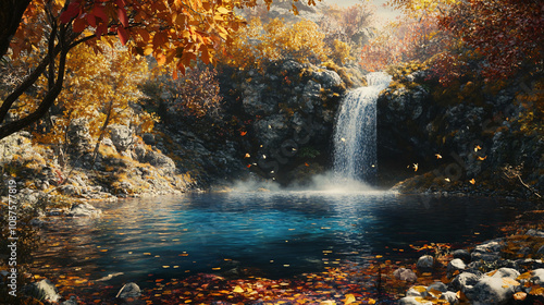 A secluded waterfall hidden in an autumn forest, with golden and red leaves surrounding the clear blue water, creating a peaceful autumn retreat