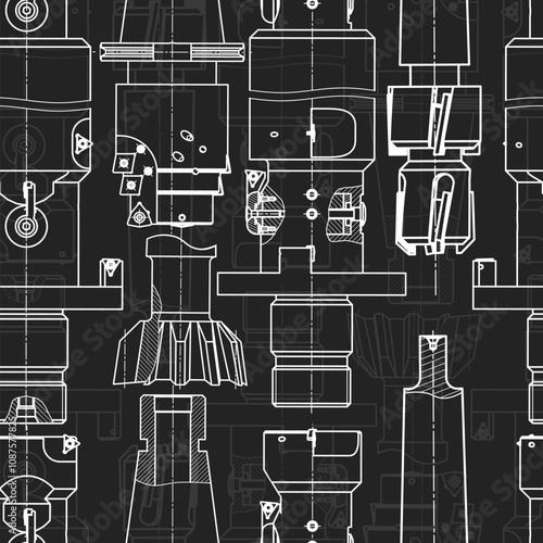 Mechanical engineering drawings on black background. Tap tools, borer. Technical Design. Cover. Blueprint. Seamless pattern. Vector illustration.