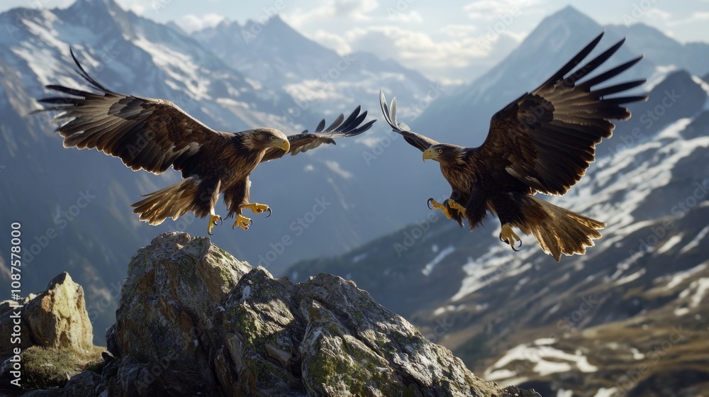 Fototapeta premium Majestic Golden Eagles Soaring Above Rugged Mountain Peaks in Stunning Landscape at Sunrise, Showcasing Nature's Beauty and Wildlife in Action