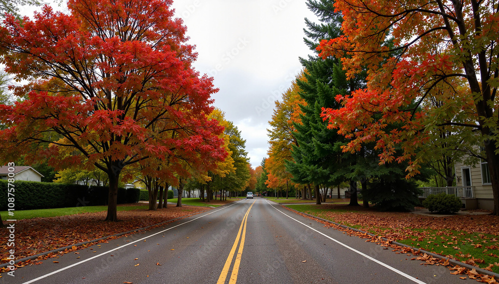 Obraz premium Suburban Street Lined with Colorful Autumn Trees.