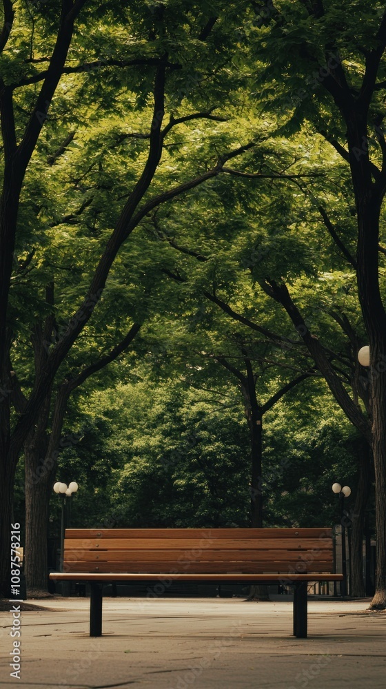 A serene park scene featuring a wooden bench surrounded by lush green trees. A serene park scene featuring a wooden bench surrounded by lush green trees.