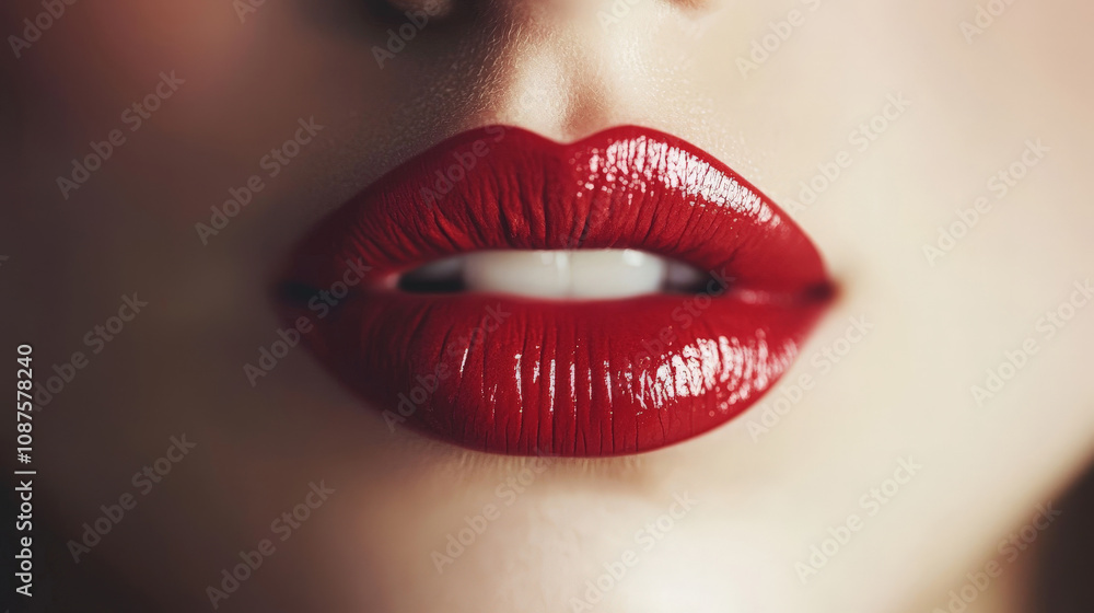 close-up of glossy, vibrant red lips with a hint of teeth showing, creating a bold and sensual look. The smooth texture and bright color exude elegance and confidence close-up of glossy, vibrant red lips with a hint of teeth showing, creating a bold and sensual look. The smooth texture and bright color exude elegance and confidence