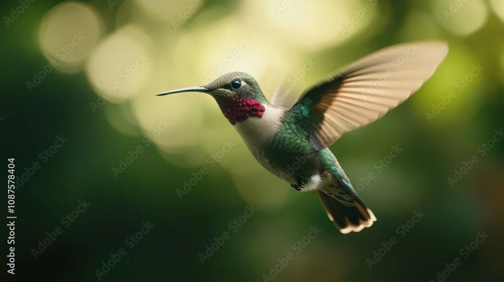 Elegant Hummingbird in Motion Captured with Delicate Detail Surrounded by Soft Green Background Highlighting Nature's Beauty and Graceful Flight Elegant Hummingbird in Motion Captured with Delicate Detail Surrounded by Soft Green Background Highlighting Nature's Beauty and Graceful Flight