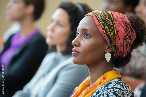 A diverse group of healthcare professionals attending a cultural competence training session, learning about different cultural practices and beliefs.