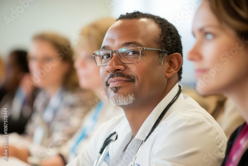 A diverse group of healthcare professionals attending a cultural competence training session, learning about different cultural practices and beliefs.