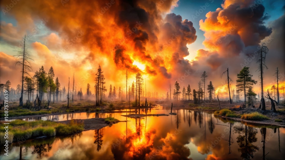 A serene lake mirroring the fiery hues of a distant wildfire, casting an ethereal glow across the tranquil landscape A serene lake mirroring the fiery hues of a distant wildfire, casting an ethereal glow across the tranquil landscape