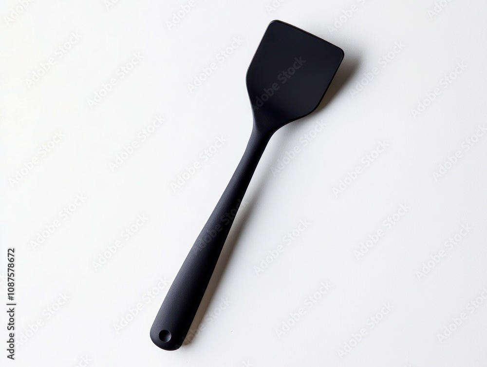 A black silicone spatula with a flat head, ideal for cooking and baking tasks. A black silicone spatula with a flat head, ideal for cooking and baking tasks.
