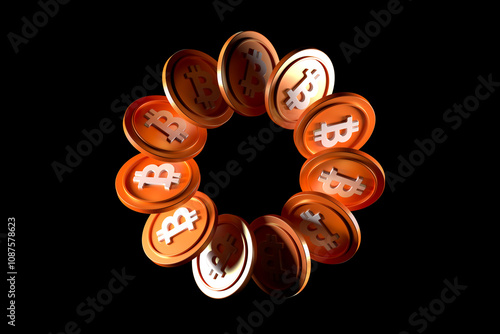 Bitcoin coins in rotation forming a circular trajectory. Sector lighting effect in dark environment. High quality 3D rendering.