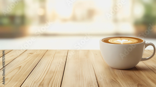 A Warm Cup of Coffee with Heart Latte Art on a Wooden Table in a Cozy Cafe Setting with a Soft Blurred Background