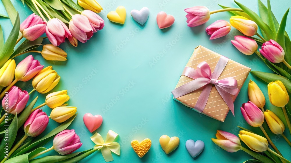 A bouquet of yellow and pink tulips with a heart shaped gift wrapped in gold paper with a pink bow, surrounded by colorful hearts on a turquoise background. A bouquet of yellow and pink tulips with a heart shaped gift wrapped in gold paper with a pink bow, surrounded by colorful hearts on a turquoise background.