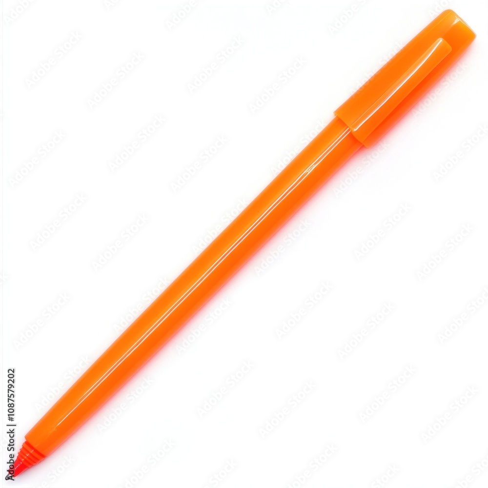A bright orange pen lying flat against a white background, used for writing or drawing. A bright orange pen lying flat against a white background, used for writing or drawing.