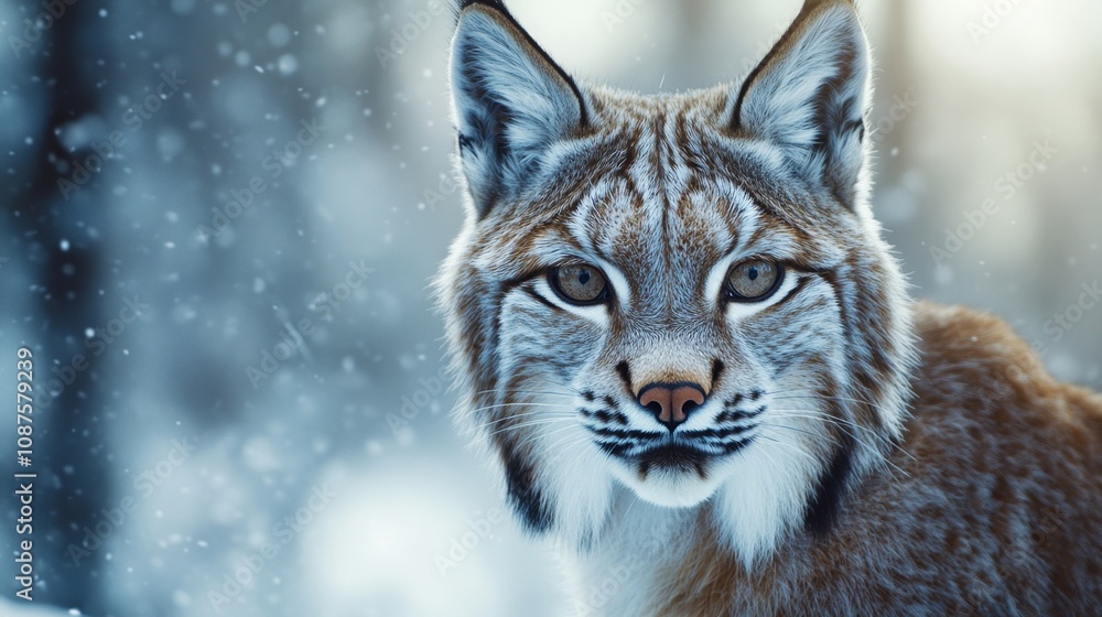 Obraz premium Stunning Close-Up of a Lynx in a Snowy Forest Capturing the Essence of Wildlife with its Intense Gaze and Beautiful Fur Pattern, Perfect for Nature Lovers