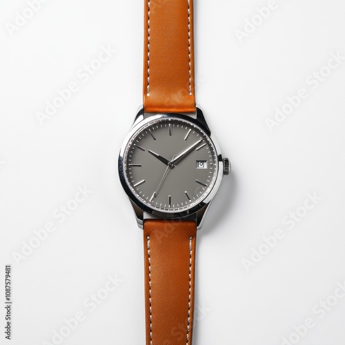 Wallpaper Mural A stylish watch with a gray face and brown leather strap, showcasing elegance and functionality. Torontodigital.ca