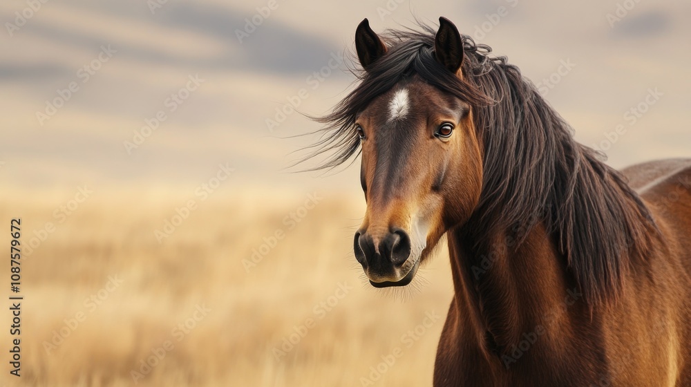 Fototapeta premium Majestic Brown Horse Stands Gracefully in Golden Field Against Softly Blurred Background, Capturing Beauty of Nature and Spirit of Equine Life