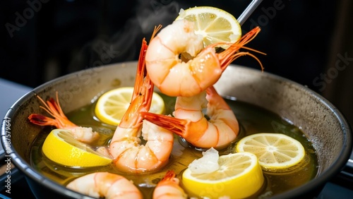 Sizzling Shrimp Dish with Lemon and Garlic in a Skillet - Perfect for Gourmet Meals and Fine Dining