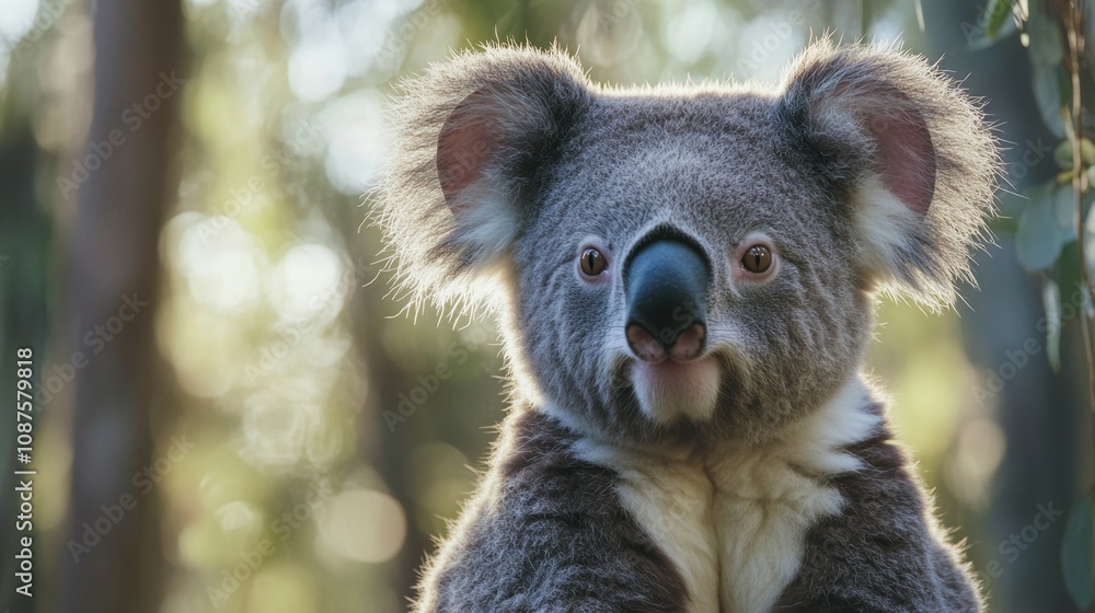 Fototapeta premium Close-Up of a Curious Koala Sitting on a Tree Branch Surrounded by Lush Greenery in Australia, Perfect for Wildlife and Nature Photography Projects