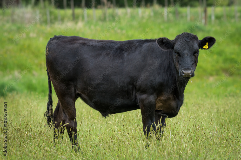 black angus steer in green grassy paddock black angus steer in green grassy paddock