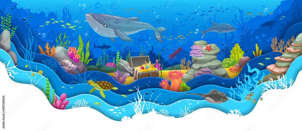 Paper cut underwater landscape with treasure chest and whale. Cartoon ...