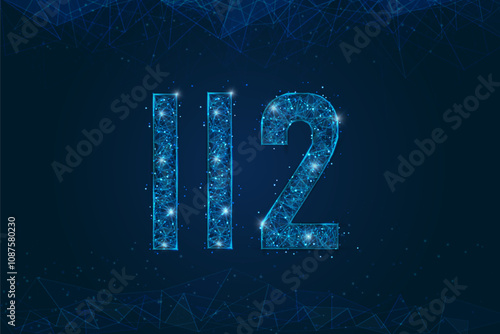 Abstract isolated blue image of 112 emergency icon. Polygonal low poly wireframe illustration looks like stars in the black night sky in space or flying glass shards. Digital web, internet design.