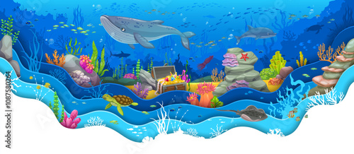 Paper cut underwater landscape with treasure chest and whale. Cartoon sea animals and fish schools, dolphin, sea turtle and squid on vector background of underwater landscape with 3d paper cut border