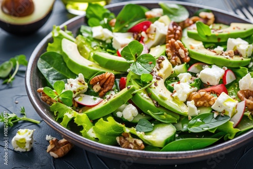 Colorful Salad. Fresh Spring Salad with Avocado, Walnuts, and Feta Cheese