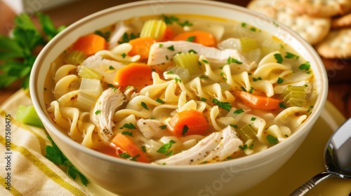 A bowl of comforting chicken noodle soup with tender chicken, carrots